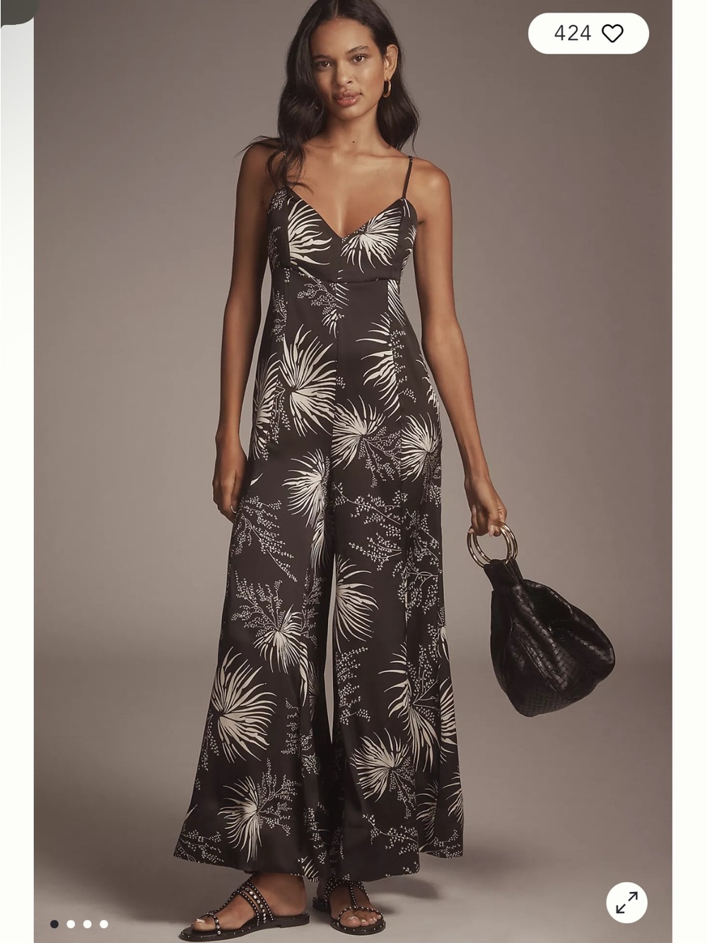 Anthropologie Bishop +Young Nora Black Jumpsuit with Cream Palm Print Size Large
